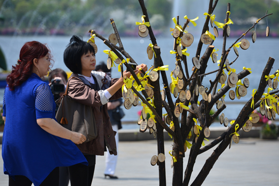 2014고양국제꽃박람회-희망나무에 한 시민이 노란 리본을 매달고 있다.