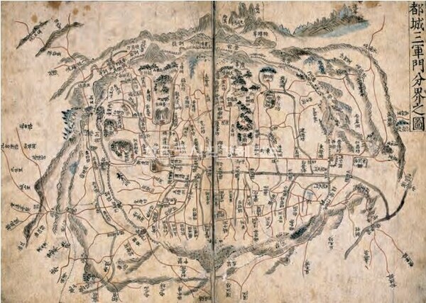 '여지도'중 도성삼군문분계지도(1751, 국립중앙도서관 도서관연구소, 『고지도를 통해 본 서울지명연구』수록)